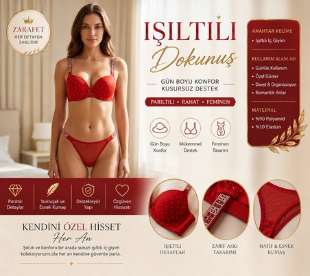 Kırmızı Taşlı Sütyen Takımı, Parlak Taş Detaylı Dolgulu Sütyen ve String, Romantik Özel Gün Kadın İç Giyim Seti