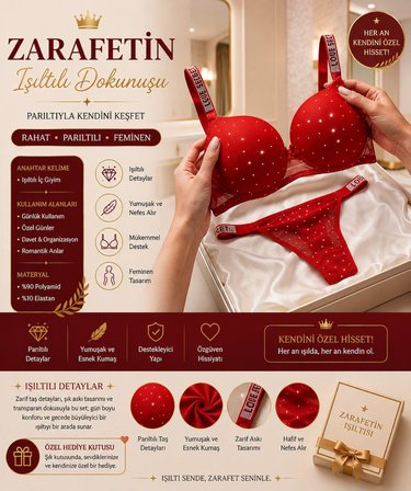 Kırmızı Taşlı Sütyen Takımı, Parlak Taş Detaylı Dolgulu Sütyen ve String, Romantik Özel Gün Kadın İç Giyim Seti