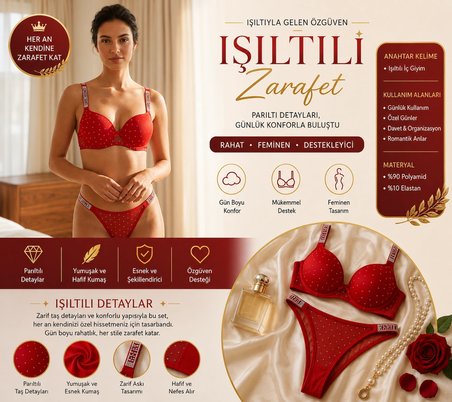 Kırmızı Taşlı Sütyen Takımı, Parlak Taş Detaylı Dolgulu Sütyen ve String, Romantik Özel Gün Kadın İç Giyim Seti