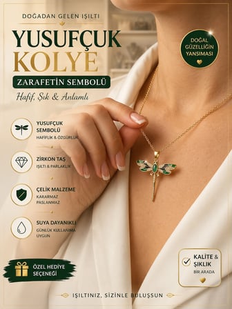 Zirkon Taşlı Yusufçuk Kolye Ucu, Yeşil Siyah Mineli İnce Altın Kolye, Doğum Günü ve Yıldönümü Hediyesi