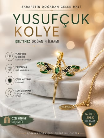 Zirkon Taşlı Yusufçuk Kolye Ucu, Yeşil Siyah Mineli İnce Altın Kolye, Doğum Günü ve Yıldönümü Hediyesi