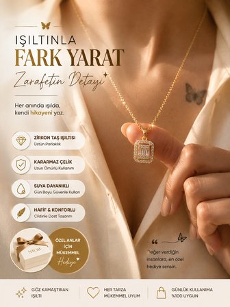 1.	NIOR Lifestyle Gold Baget Taşlı Kadın Kolye - Kararmaz Çelik Babet Kesim Şık Hediye Kolye