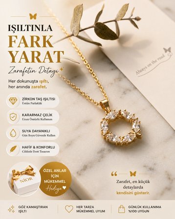 Nior Zirkon Taşlı Halka çelik Kolye - Işıltılı Çelik Uçlu İnce Zincir Kolye - Zarafet Dolu Kadın Aksesuarı