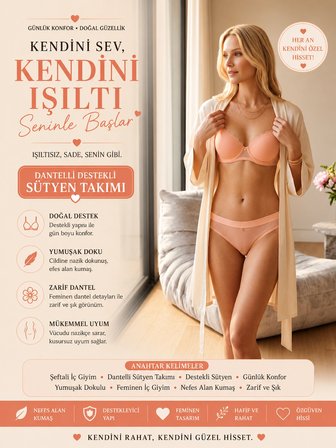 Pembe Balenli Destekli Sütyen Takımı, Dantel Detaylı B Cup İkili İç Giyim Seti