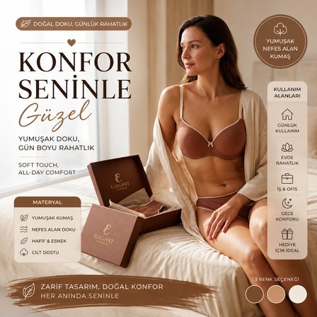 Kahverengi Fitilli Sütyen Külot Takımı, Dolgulu Görünümlü Günlük Kadın İç Giyim, Minimalist İki Parça Lingerie Set