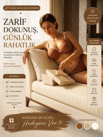 Kahverengi Fitilli Sütyen Külot Takımı, Dolgulu Görünümlü Günlük Kadın İç Giyim, Minimalist İki Parça Lingerie Set
