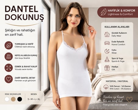 Beyaz Dantel Detaylı Kadın Atlet, İnce Askılı V Yaka Ribana Atlet, Günlük Basic İç Giyim, Katmanlı Giyim Kadın Üst