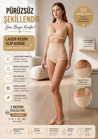 Dikişsiz Lazer Kesim Kaymaz Slip Korse - Günlük Rahat Göbek Şekillendirici Ten Rengi Korse Külot