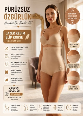 Dikişsiz Lazer Kesim Kaymaz Slip Korse - Günlük Rahat Göbek Şekillendirici Ten Rengi Korse Külot