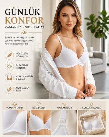 Konforlu Beyaz Sütyen, Toparlayıcı Destekli Kalıplı Kupa, İz Bırakmayan İç Giyim, NIOR Lifestyle 