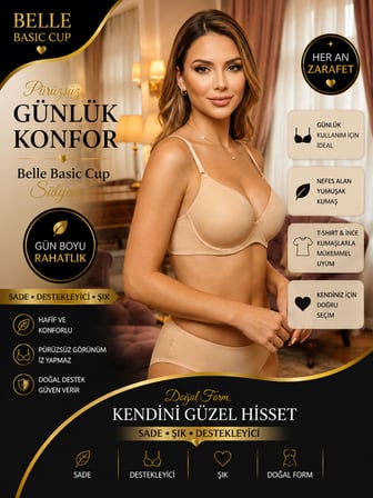 Nior Lifestyle 7010 Belle Kadın Basic Sütyen, Ten Rengi Günlük Sütyen, Pürüzsüz Tişört Altı Dekolte Kesim B Cup Sütyen