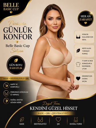 Nior Lifestyle 7010 Belle Kadın Basic Sütyen, Ten Rengi Günlük Sütyen, Pürüzsüz Tişört Altı Dekolte Kesim B Cup Sütyen