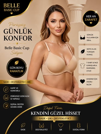 Nior Lifestyle 7010 Belle Kadın Basic Sütyen, Ten Rengi Günlük Sütyen, Pürüzsüz Tişört Altı Dekolte Kesim B Cup Sütyen