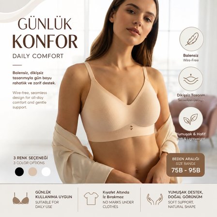 Ten Rengi Balensiz Sütyen, Dikişsiz Görünümlü Günlük Kadın Sütyeni, Pürüzsüz Kup Minimal İç Giyim