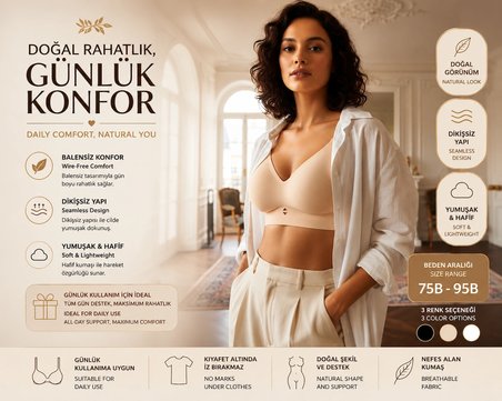 Ten Rengi Balensiz Sütyen, Dikişsiz Görünümlü Günlük Kadın Sütyeni, Pürüzsüz Kup Minimal İç Giyim