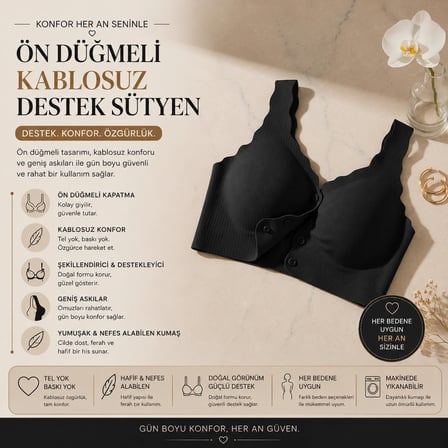 Nior Siyah Önden Düğmeli Büstiyer, Dikişsiz Telsiz Sütyen, Günlük Rahat Ev Giyimi Sütyeni, Hamile ve Emzirme Büstiyeri