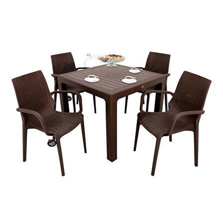 Mandella Elit Rattan 90x90 Nirvana Koltuk Camlı Masa Takımı Kahverengi