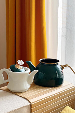 Nishev.com Evini Sev Dufy Serisi Porselen Demlikli Emaye Çaydanlık Takımı - Yeşil