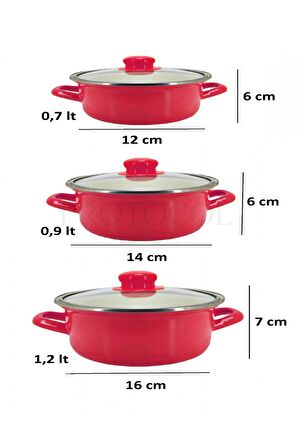 12/14/16 cm Mini Emaye Tencere Seti - Kırmızı