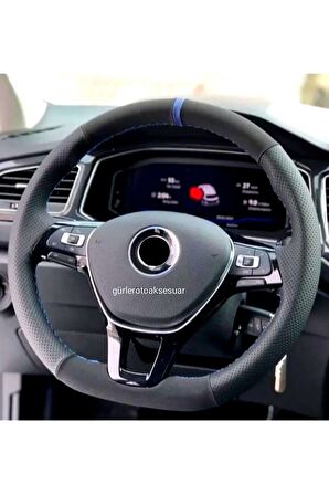 Vw Passat B7-b8 Uyumlu Deri Dikmeli Direksiyon Kılıfı Noktalı-karbon Mavi Yüzüklü
