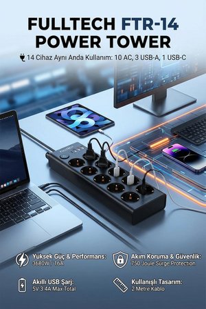Anahtarlı Akım Korumalı Uzatma Prizi FTR-14 Çoklu Priz 10’lu + 3 USB + 1 Type-C 3680W 16A (2 Metre Kablo)