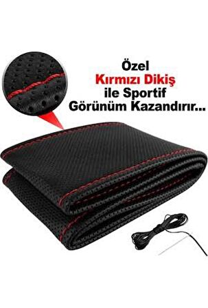 Dikmeli Direksiyon Kılıfı Noktalı Kırmızı İpli Dikişli Delikli 38×10Cm
