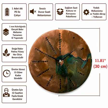 Copper Empire- Yeşil Pas Senfonisi | El Yapımı Bakır Duvar Saati | 30 cm çap | 1 mm kalınlık