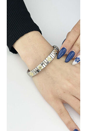 Çiçek Figürlü, Çift Renk, Paslanmaz Çelik Italyan Nom Bileklik 76, Gümüş Renk