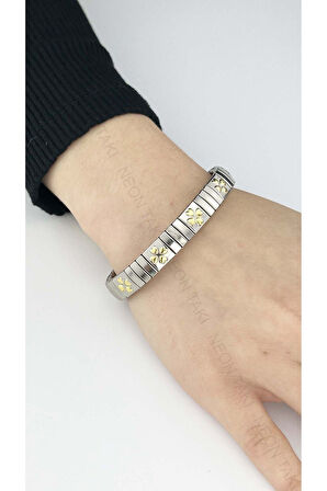 Çiçek Figürlü, Çift Renk, Paslanmaz Çelik Italyan Nom Bileklik 76, Gümüş Renk