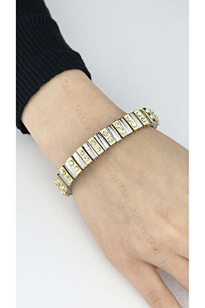 Zirkon Taşlı, Paslanmaz Çelik Italyan Nom Bileklik 77, Gümüş Renk