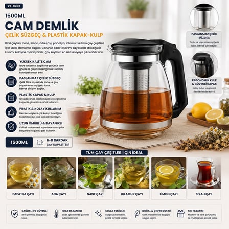 Çelik Süzgeçli Cam Demlik 1500Ml