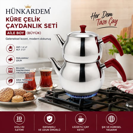 Aile Büyük Boy Küre Çelik Çaydanlık Seti Üst: 1.2Lt - Alt: 2Lt