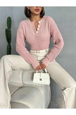 Kadın Düğme Detaylı Triko Kazak