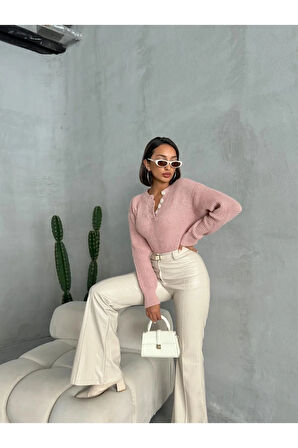 Kadın Düğme Detaylı Triko Kazak