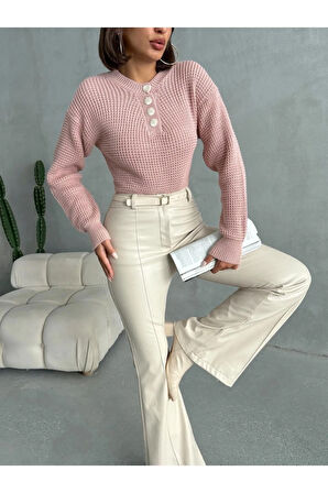 Kadın Düğme Detaylı Triko Kazak