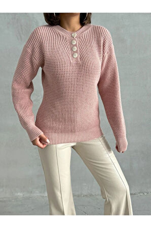 Kadın Düğme Detaylı Triko Kazak