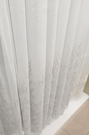 Trend Zemin Ttm Gümüş Gri Silver Selvi Isleme Desen Kırışmaz Ütü Istemez 1e 3kat Pileli Tül