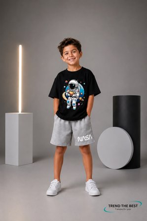 Yazlık Nasa Aya Oturan Astronot Baskılı Erkek Çocuk Gri Şort, Siyah T-Shirt Takım