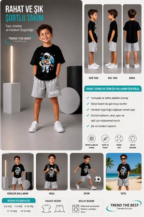 Yazlık Nasa Aya Oturan Astronot Baskılı Erkek Çocuk Gri Şort, Siyah T-Shirt Takım