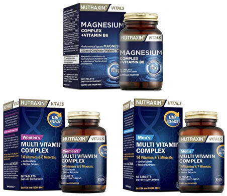 Magnesium Complex Vitamin B6 60 Tablet + Nutraxin Men's Multivitamin Complex 60 Tablet + Nutraxin Women's Multivitamin