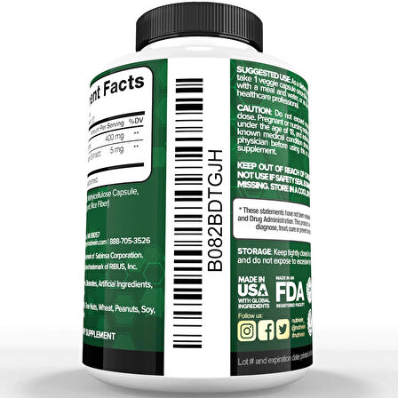 Nutrivein DIM Supplement 400mg Diindolylmethane Plus Bioperine - 120 Caps