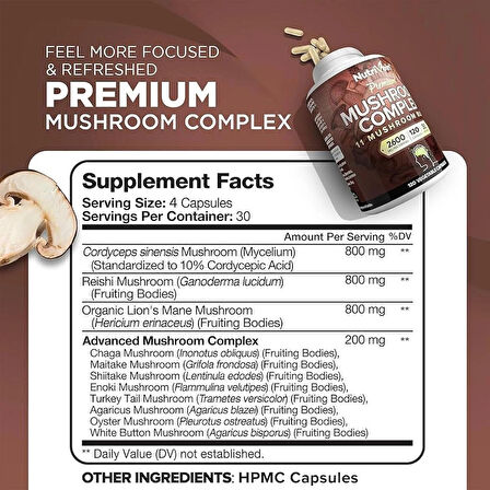Nutrivein Mushroom Nootropic Mushroom Complex Lion's Mane Cordyceps Chaga Reishi Turkey Tail,Maitake