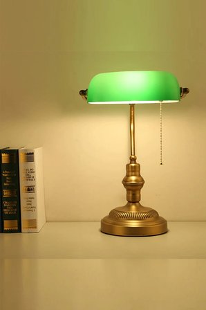 Banker Masa Lambası Yeşil Cam Eskitme Gövde E27 Duy Retro Dekoratif Masa Lambası (AMPUL HEDİYELİ)