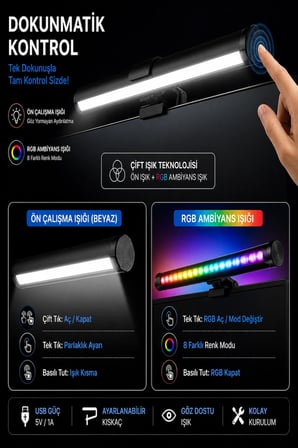 Dokunmatik Monitör Üstü LED Aydınlatma RGB Ambiyans & 3 Renk Işık Ayarlanabilir