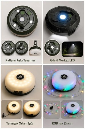 1200 mAh Bataryalı Çok Fonksiyonlu Kamp Lambası ve 10 Metre RGB Işık Şeridi