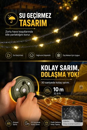 1200 mAh Bataryalı Çok Fonksiyonlu Kamp Lambası ve 10 Metre RGB Işık Şeridi