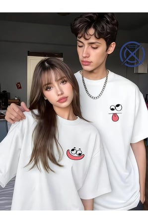 Sevgili Kombini Tişört 2’li Set Unisex Minimal Yüz Baskılı Çift Tişört %100 Pamuk