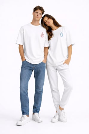 Sevgili Kombini Ateş Su Minimal Çift Tişört Oversize Unisex Partner Kombin Seti