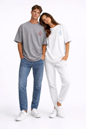 Sevgili Kombini Ateş Su Minimal Çift Tişört Oversize Unisex Partner Kombin Seti