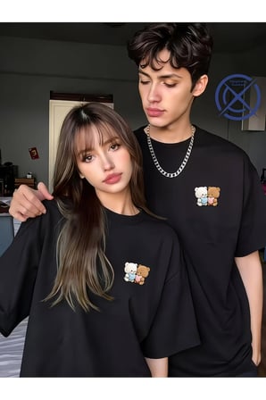 Sevgili Kombini Tişört 2’li Set Ayıcık Baskılı Unisex Çift Tişört %100 Pamuk